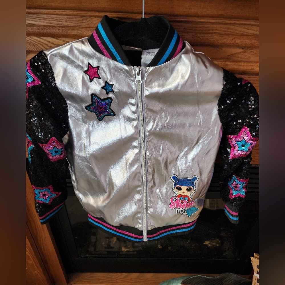 LOL Surprise Girls Bomber Jacket Silver w/ Black Sequin Sleeves 6/6X CHARITY